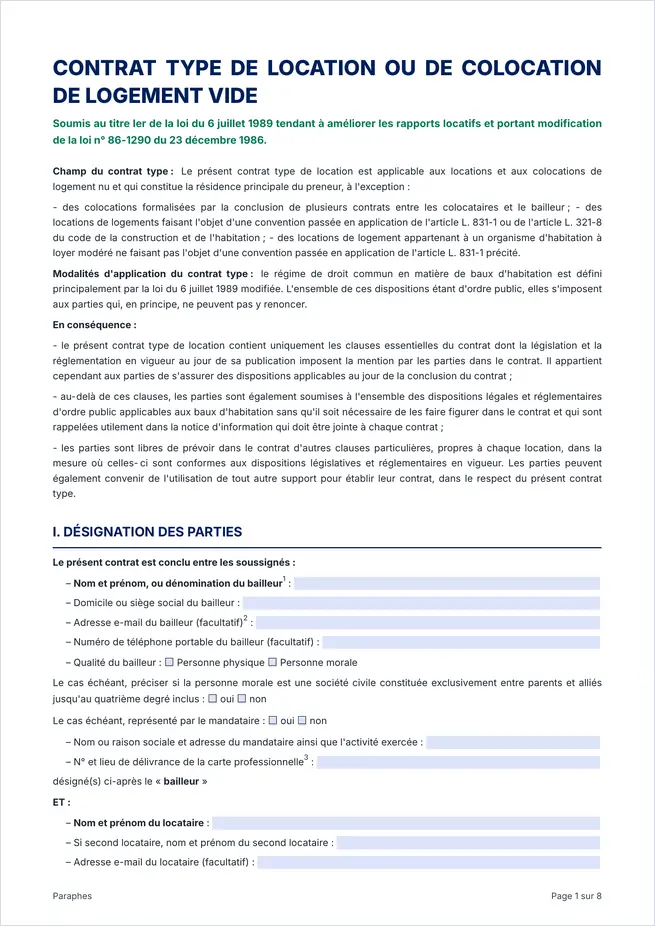 Aperçu de la première page du modèle de bail de location vide 2026 (contrat type, décret n° 2026-596)