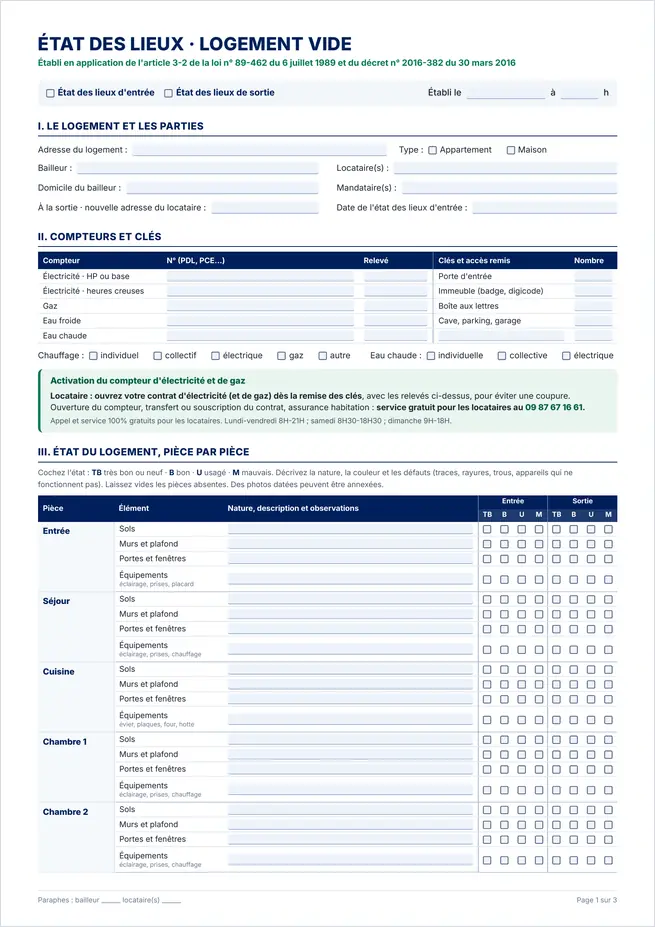 Aperçu de la première page du modèle d'état des lieux remplissable pour un logement vide (non meublé)