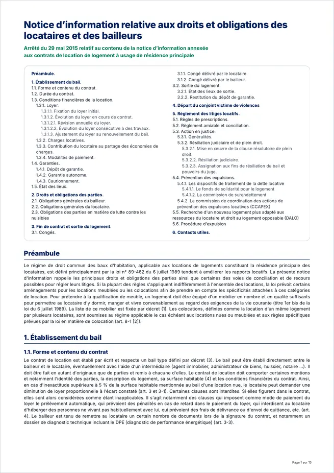 Aperçu de la première page de la notice d'information relative aux droits et obligations des locataires et des bailleurs