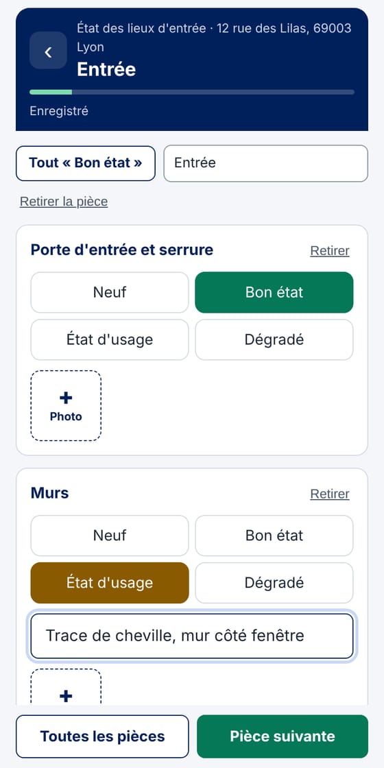 Pièce Entrée : état de chaque élément (neuf, bon état, état d'usage, dégradé), observation et photo