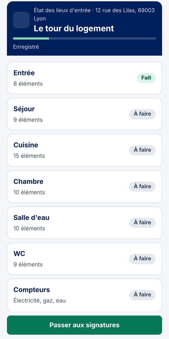 Liste des pièces avec leur avancement : fait ou à faire