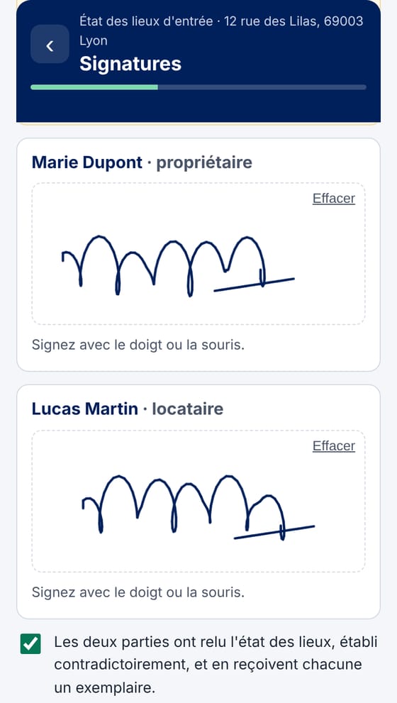 Signature du propriétaire et du locataire avec le doigt sur l'écran