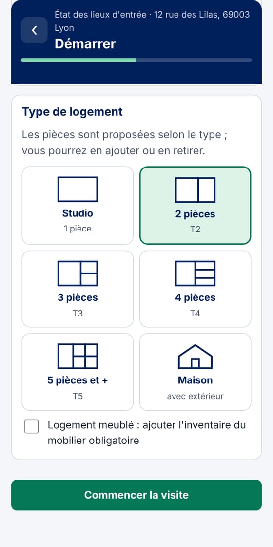 Choix du type de logement : studio, 2 pièces, 3 pièces, 4 pièces, 5 pièces, maison