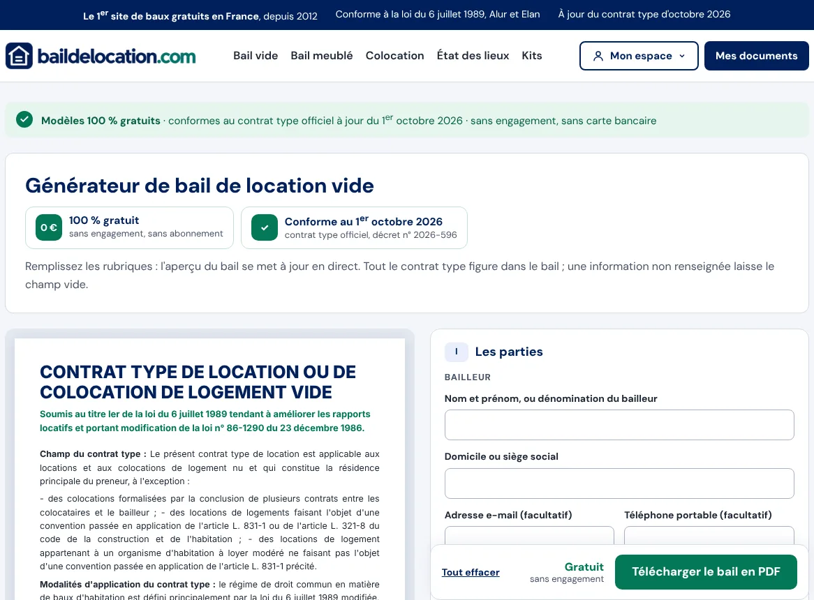 Page d'accueil du générateur de bail de location vide : aperçu du contrat à gauche, formulaire à droite