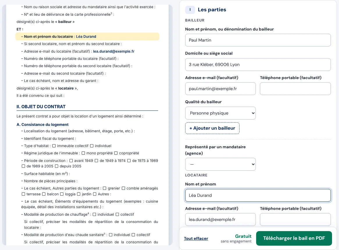 Rubrique Les parties du générateur de bail remplie, avec la ligne du locataire surlignée dans l'aperçu