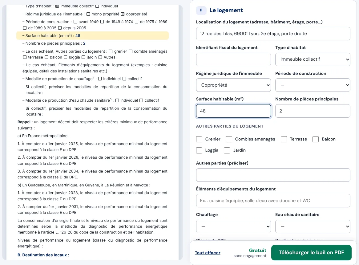 Rubrique Le logement du générateur de bail : adresse, type d'habitat, surface habitable et nombre de pièces