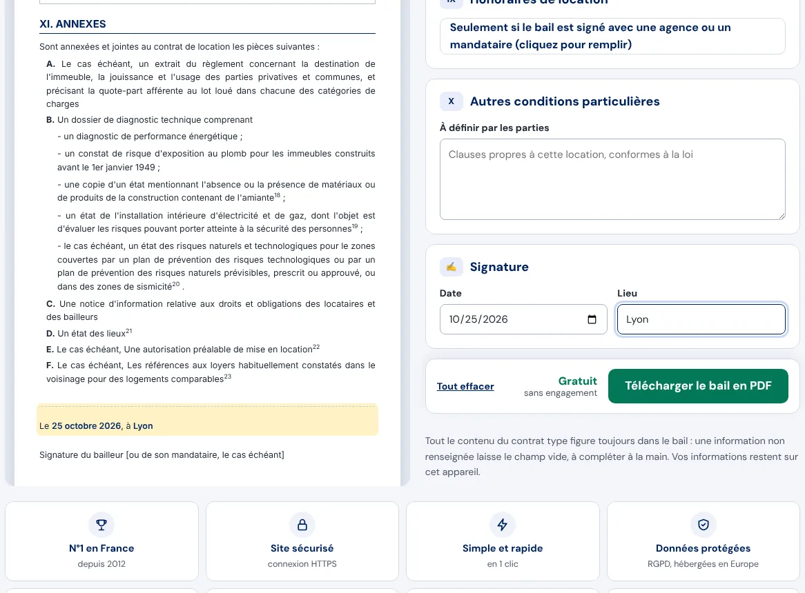 Rubrique Signature du générateur de bail : date et lieu de signature reportés dans le contrat