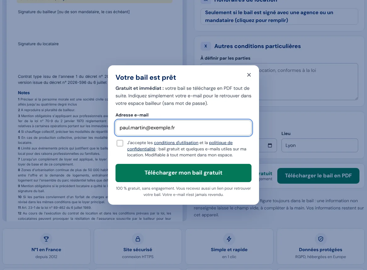 Fenêtre de téléchargement du bail : adresse e-mail et acceptation des conditions d'utilisation