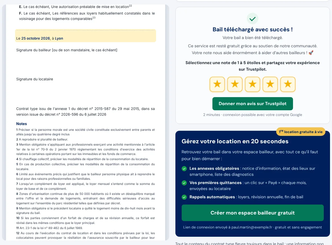 Après le téléchargement : confirmation et invitation à créer l'espace bailleur gratuit