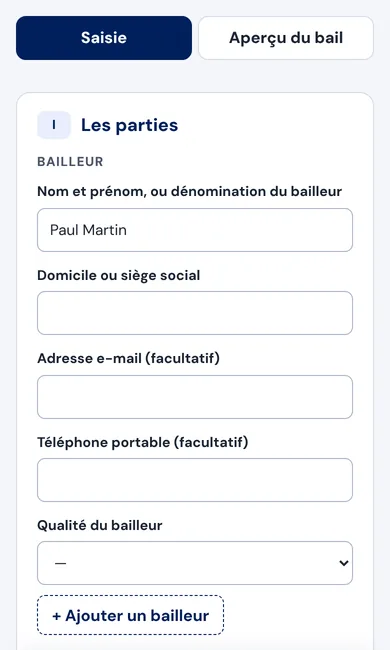 Générateur de bail sur téléphone : onglets Saisie et Aperçu du bail