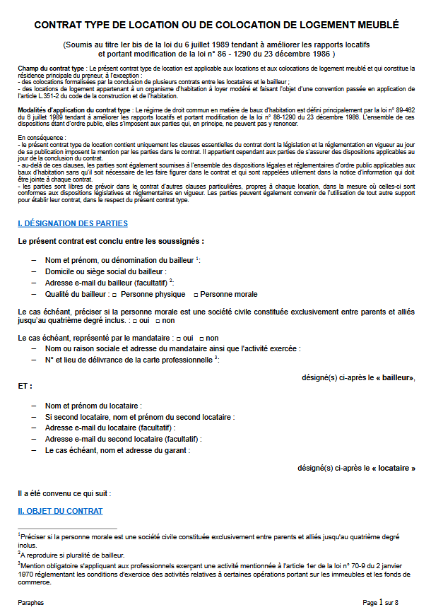 Contrat de bail de location meublée 2026 conforme loi Alur