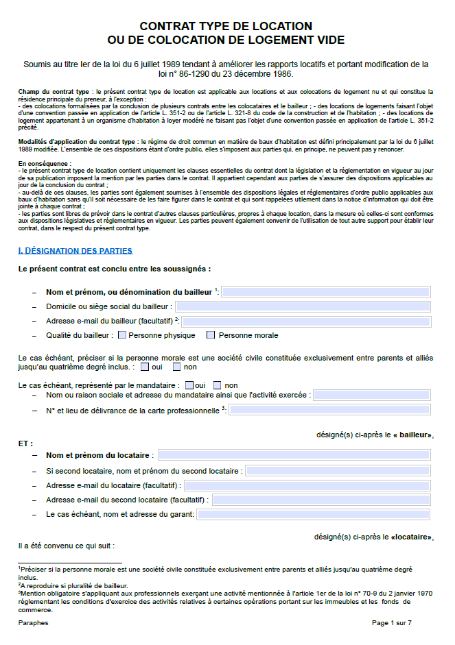 Contrat de bail de location vide 2026 conforme loi Alur