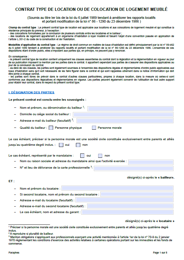 Contrat de colocation meublée remplissable en ligne 2026 - Format PDF interactif