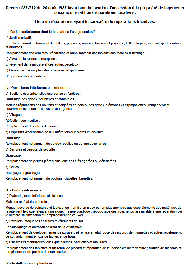 Tableau des réparations locatives et de l'entretien courant à la charge du locataire (Décret 87-712)