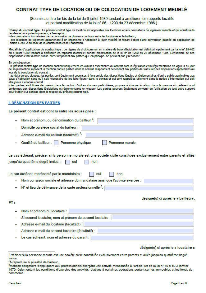 Contrat de bail de location meublée remplissable 2026 conforme loi Alur